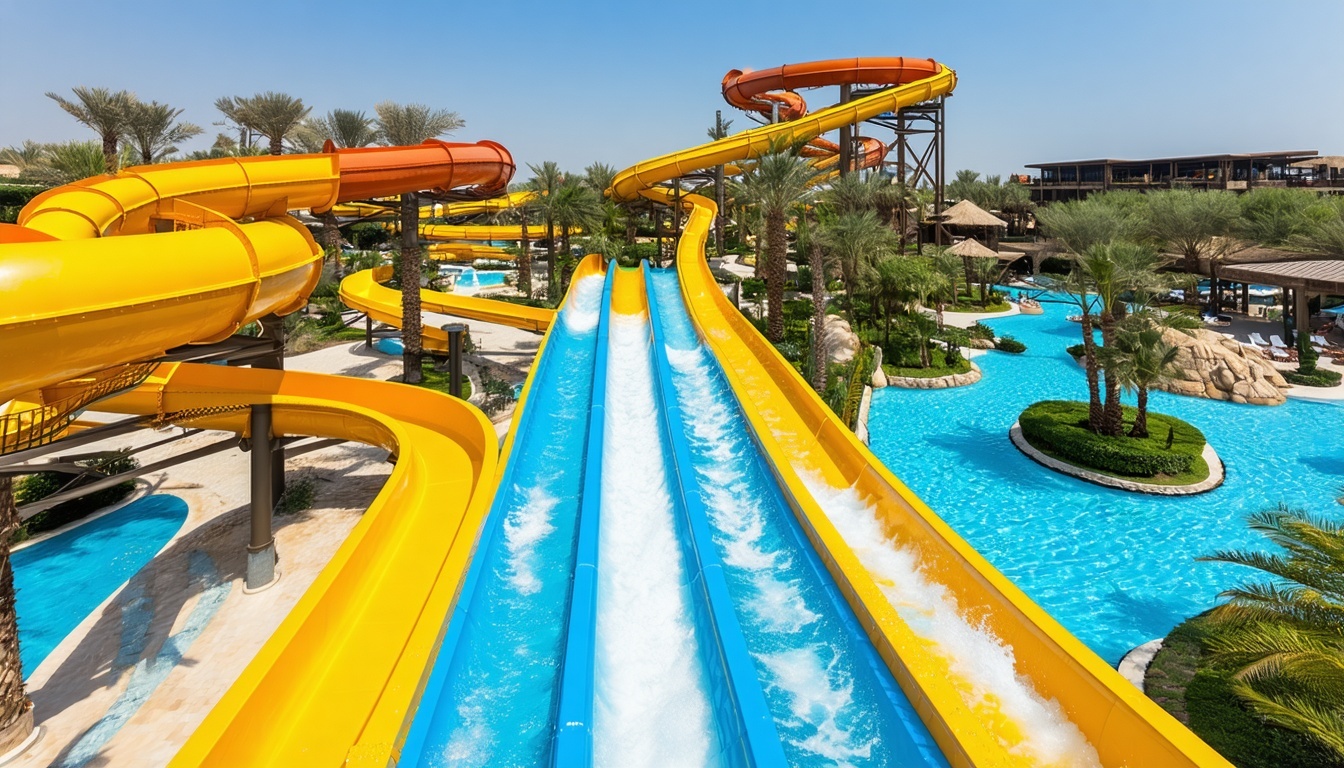 Aerial view of Aquaventure World Dubai’s waterpark with thrilling slides and lagoons