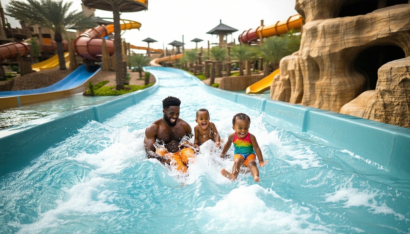 Family enjoying the lazy river at Aquaventure World Dubai