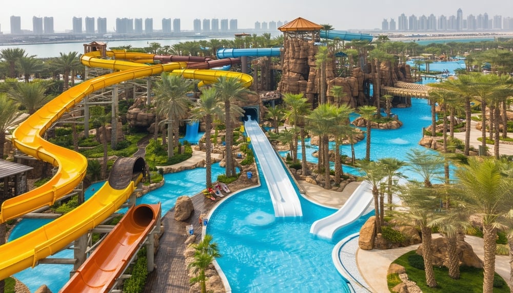 Aerial view of Aquaventure World Dubai with water slides and pools Aerial view of Aquaventure World Dubai with water slides and pools