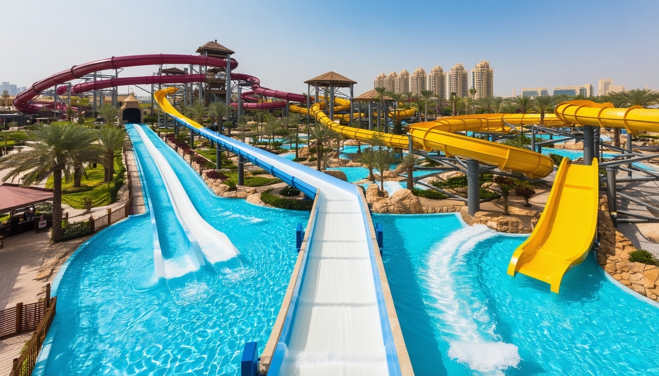 Aerial view of Aquaventure World Dubai with water slides and attractions.